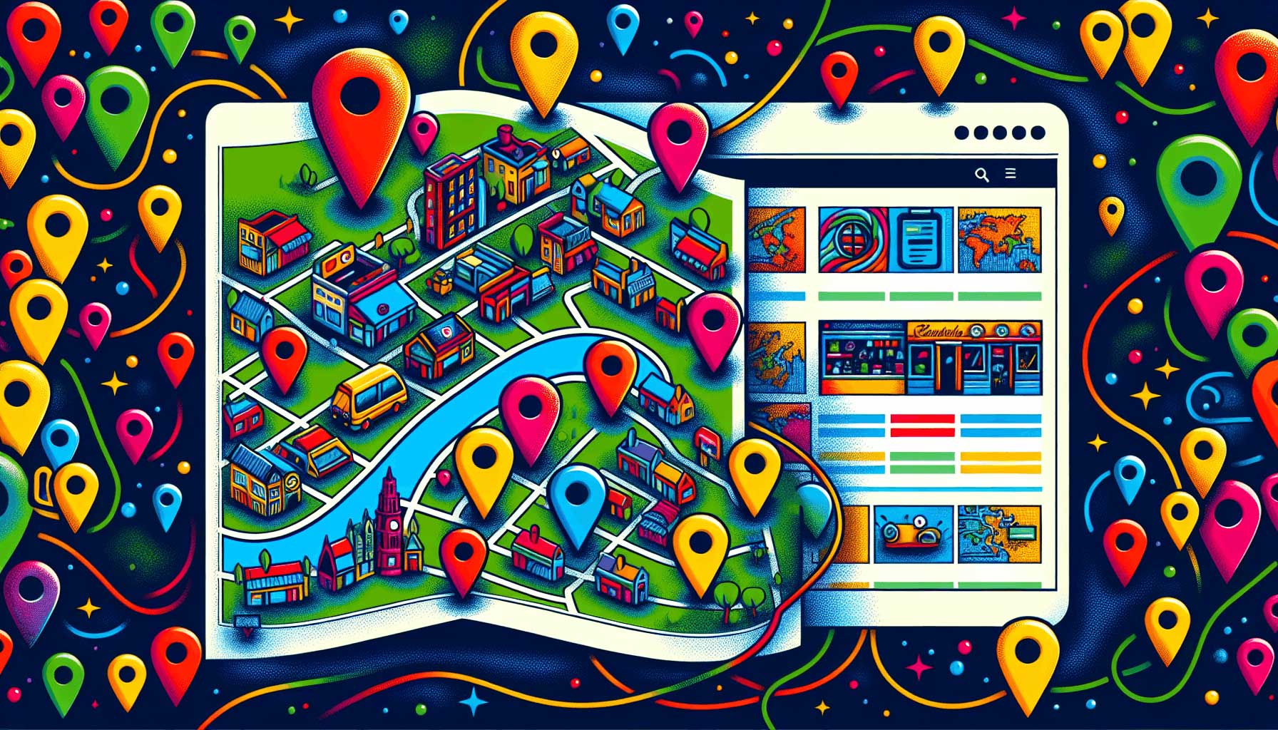 An illustration depicting various local search results and businesses.
