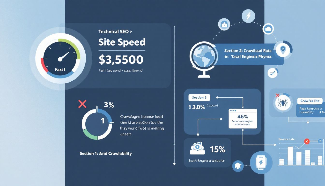 Key elements of technical SEO including site speed and crawlability.