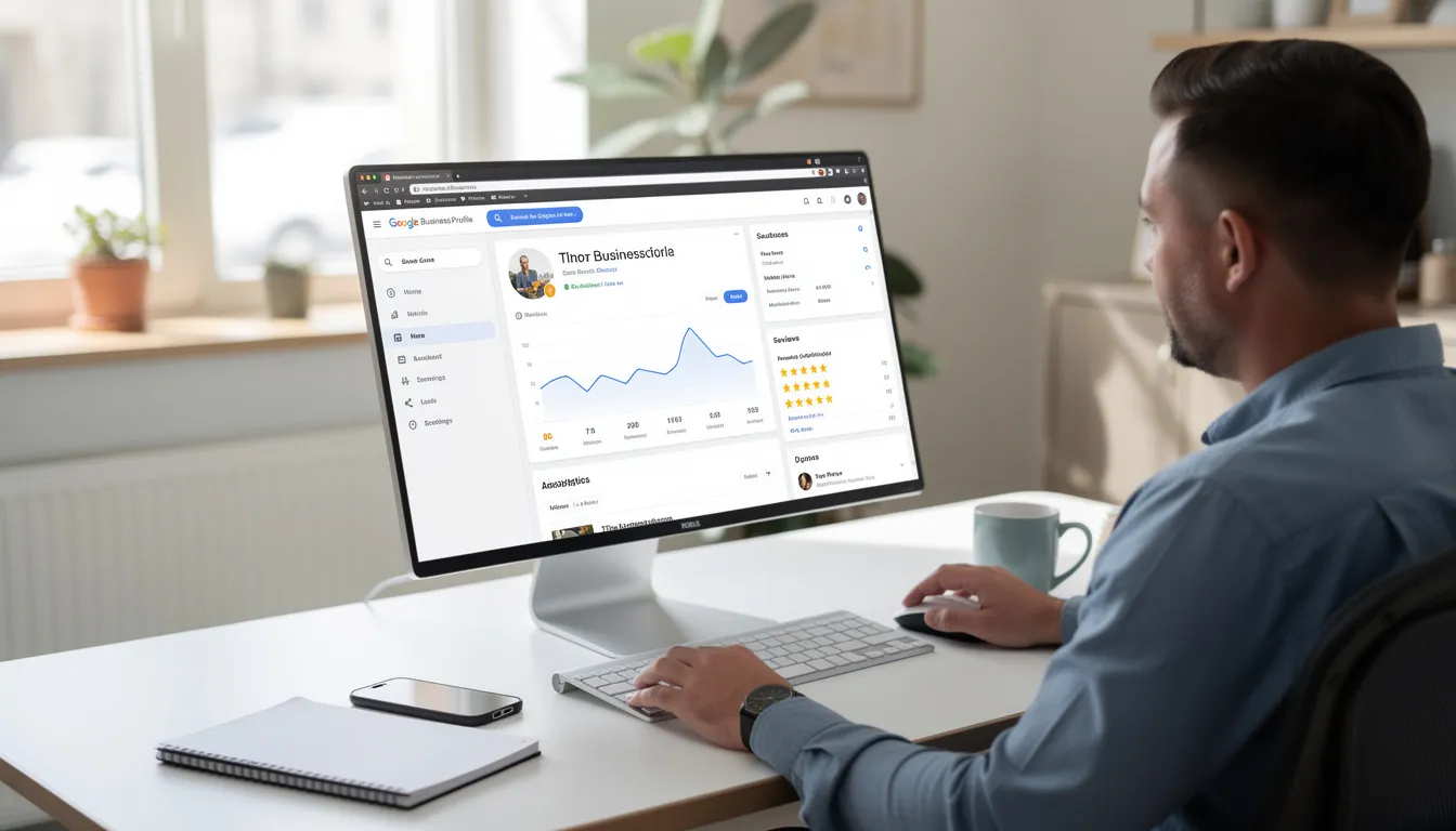 A business owner is sitting at a computer, accessing their Google Business Profile dashboard to manage their business account. The screen displays options to update details, respond to reviews, and connect with customers through Google Search and Google Maps.