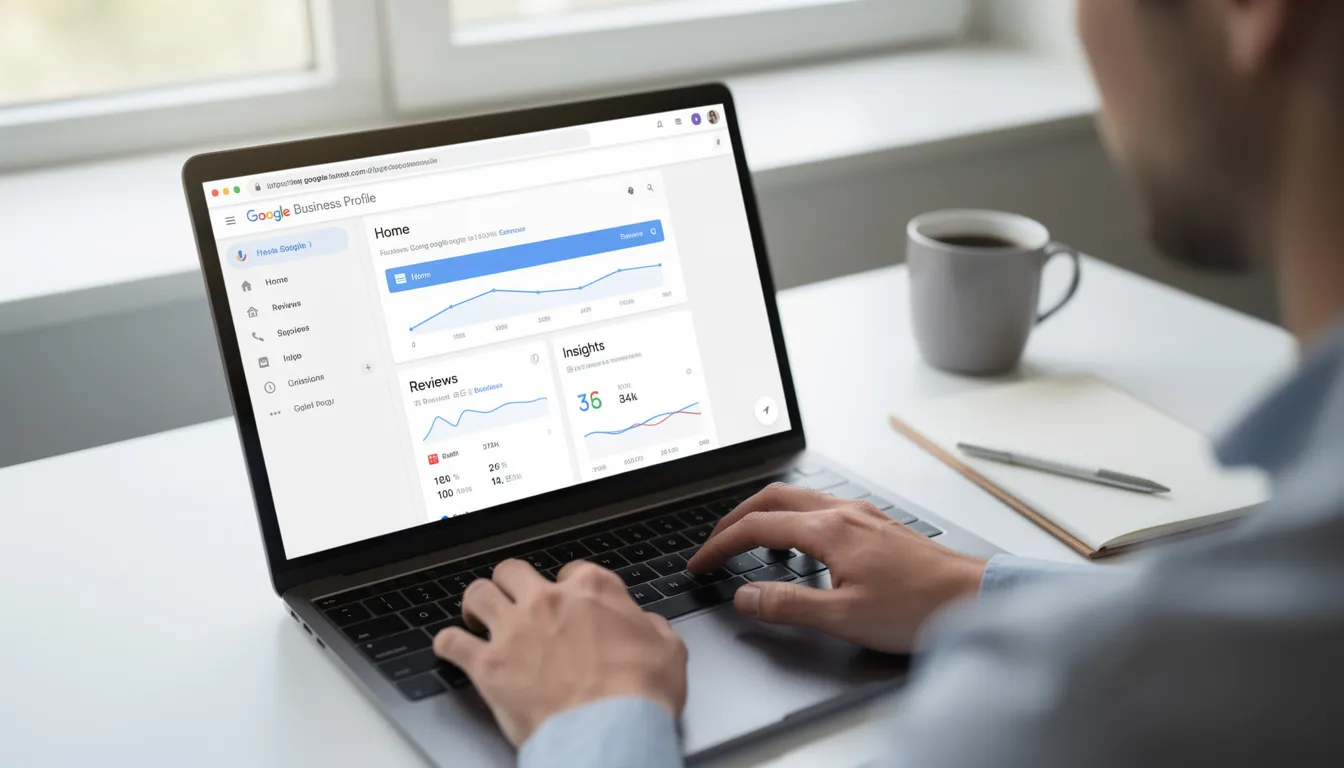 A person is typing on a laptop, with the Google Business Profile interface visible on the screen, showcasing options to manage their business account, update details, and connect with customers through Google search and maps. The scene emphasizes the process of creating and optimizing a business profile to enhance online presence.