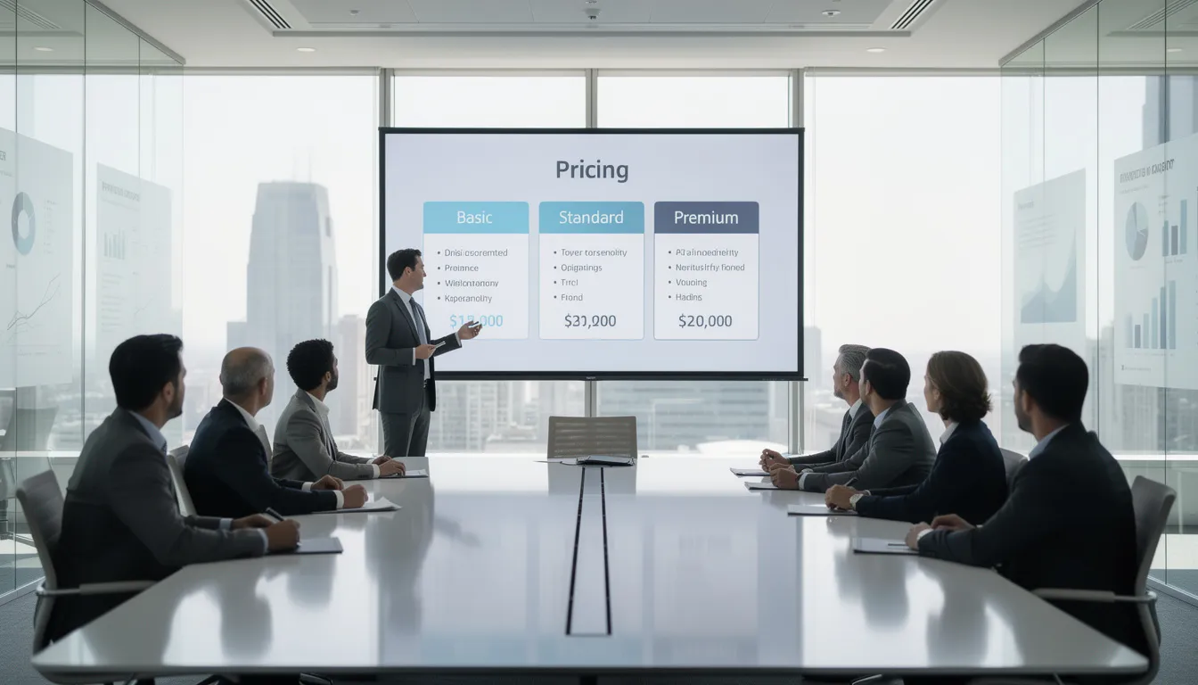 A professional SEO consultant is presenting various pricing options for SEO services to a group of business clients. The consultant highlights the importance of search engine optimization strategies, including keyword research and on-page optimization, to improve search engine rankings and drive organic traffic to their websites.