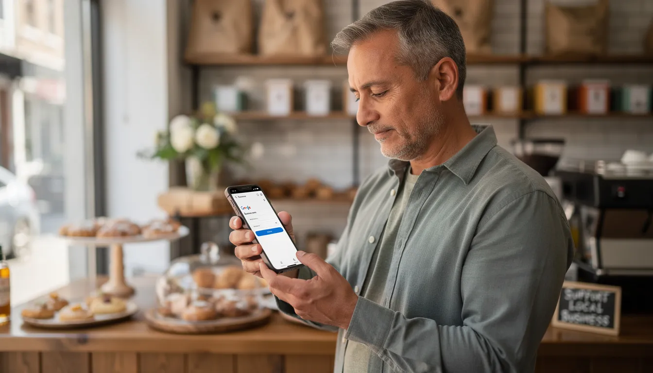 A local business owner is seen updating their Google Business Profile on a smartphone, focusing on enhancing their online visibility and improving search engine rankings. This action is part of their broader search engine optimization strategy to attract more organic traffic and engage with potential customers effectively.