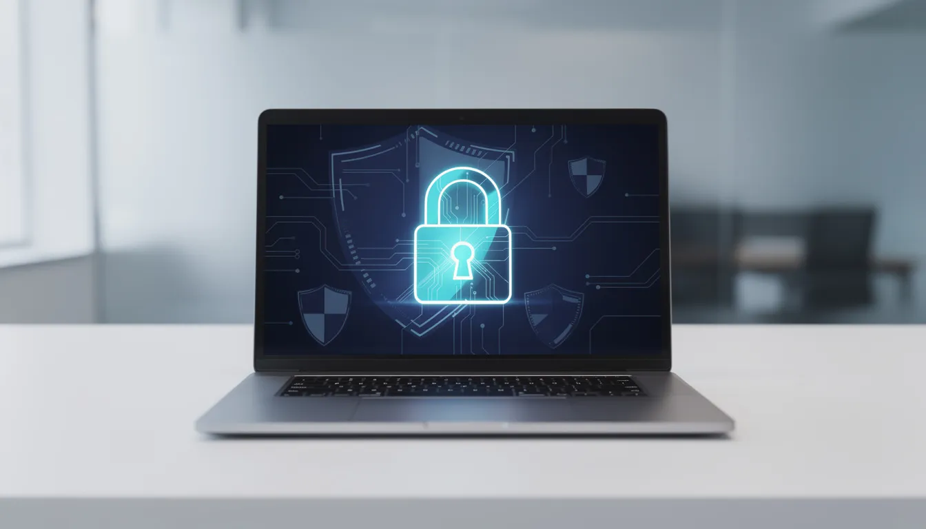 The image features a secure laptop with a prominent padlock symbol displayed on the screen, symbolizing the importance of business profile security for managing a Google Business account. This visual emphasizes the need for businesses to protect their information while connecting with customers through Google search and maps.