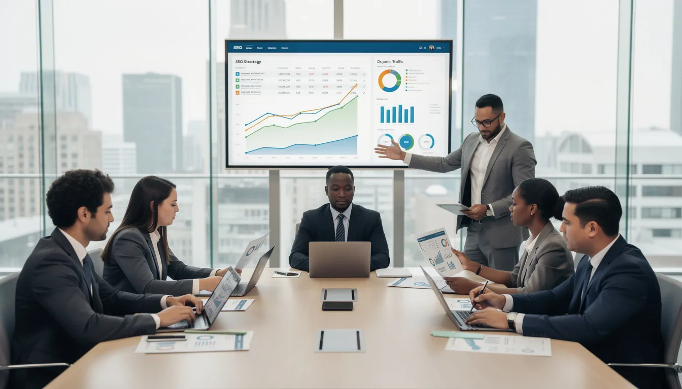 A diverse business team is gathered around a conference table, discussing various SEO service proposals aimed at enhancing their online visibility and improving search engine rankings. They are reviewing strategies related to keyword research, on-page optimization, and the effectiveness of different SEO companies in achieving their business goals.