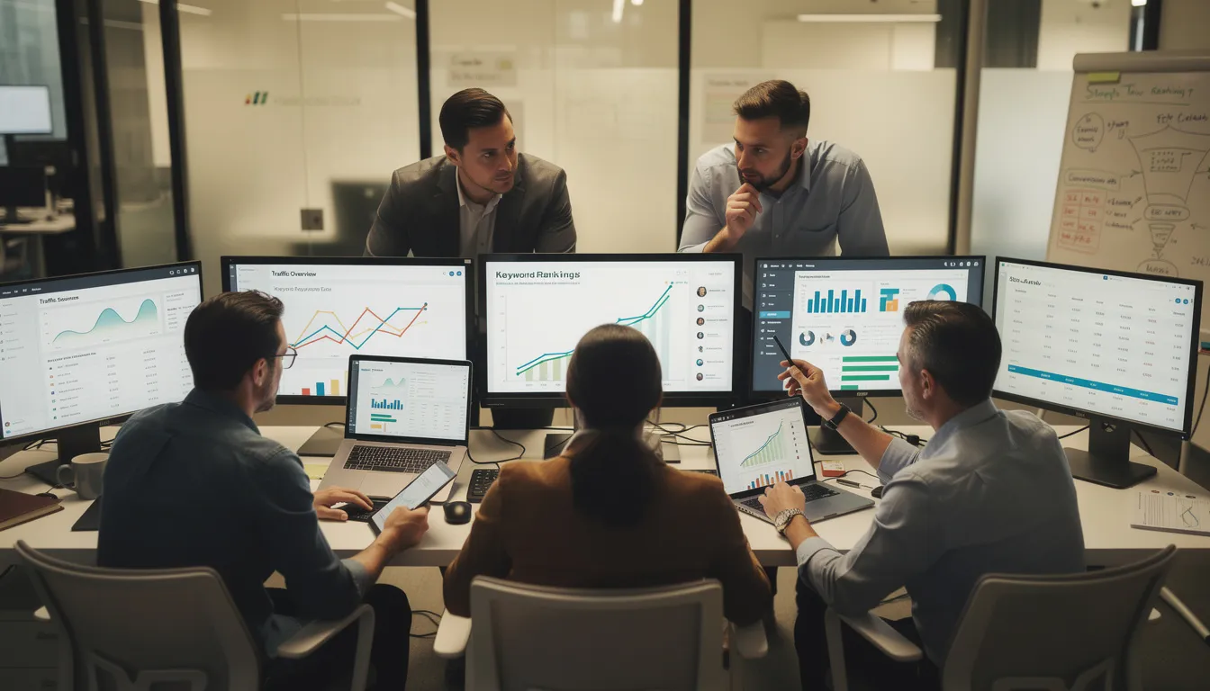 A professional SEO team is engaged in analyzing website performance metrics displayed on multiple computer screens, focusing on improving search engine rankings and optimizing individual web pages. The team utilizes various SEO strategies, including keyword research and technical SEO audits, to enhance online visibility and drive more organic traffic.