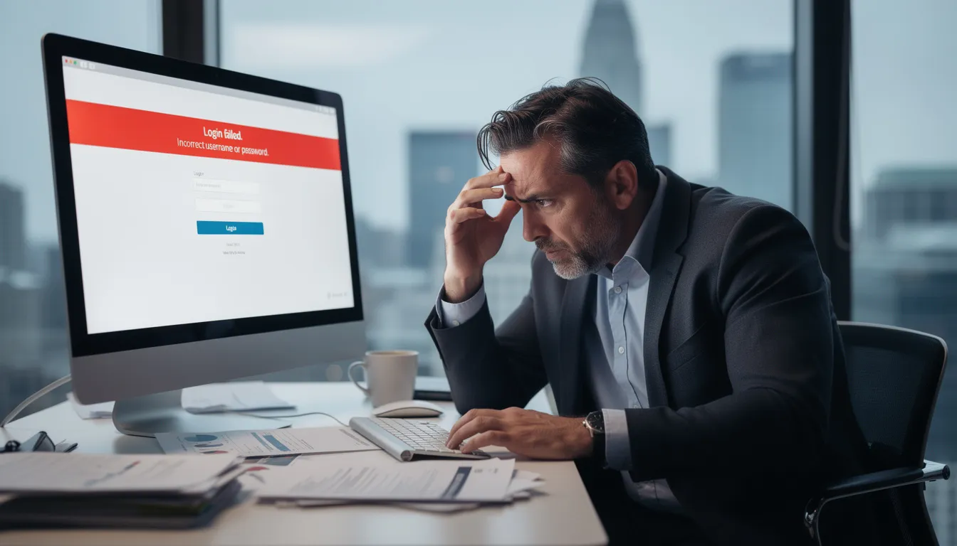 A frustrated business owner sits in front of a computer, staring at a screen displaying a login error message for their Google business account. This moment highlights the challenges of managing their business profile and accessing essential details to connect with customers effectively.